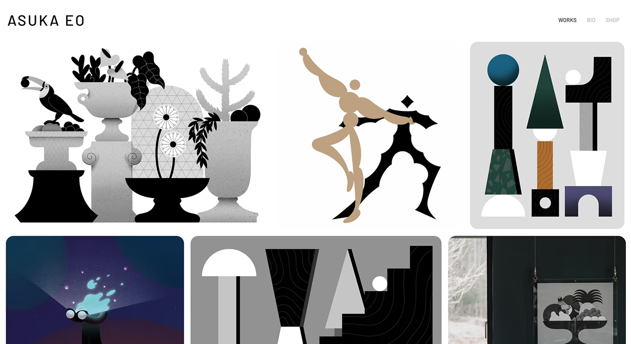 Homepage for Asuka EO’s illustration portfolio website