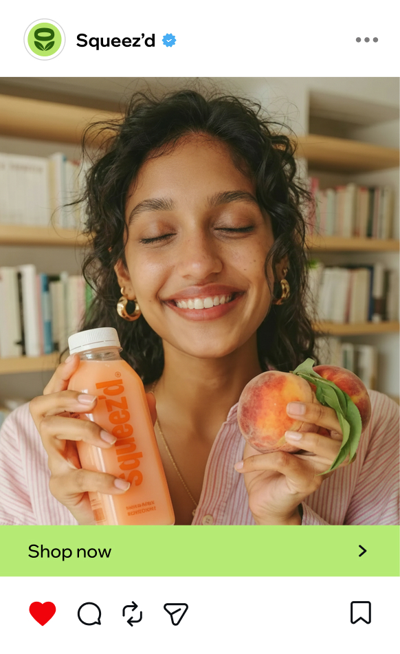 A social media ad for organic juice brand Squeez’d, showing a woman smiling as she holds up a bottle of peach juice and a fresh peach.