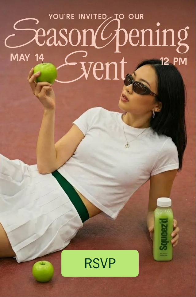 An event page for a juice brand, featuring a woman holding a green apple and a bottle of juice. There’s a large RSVP button at the bottom. 
