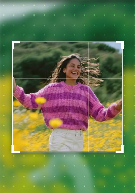 A woman wearing a pink sweater and running through a field of flowers. There’s a grid with handles over part of the photo to show it’s being cropped. 