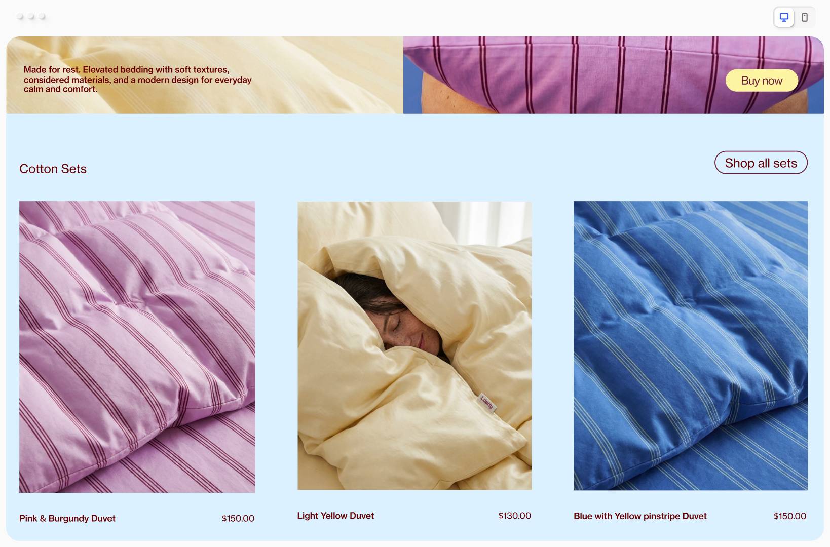 A homepage for a bedding website