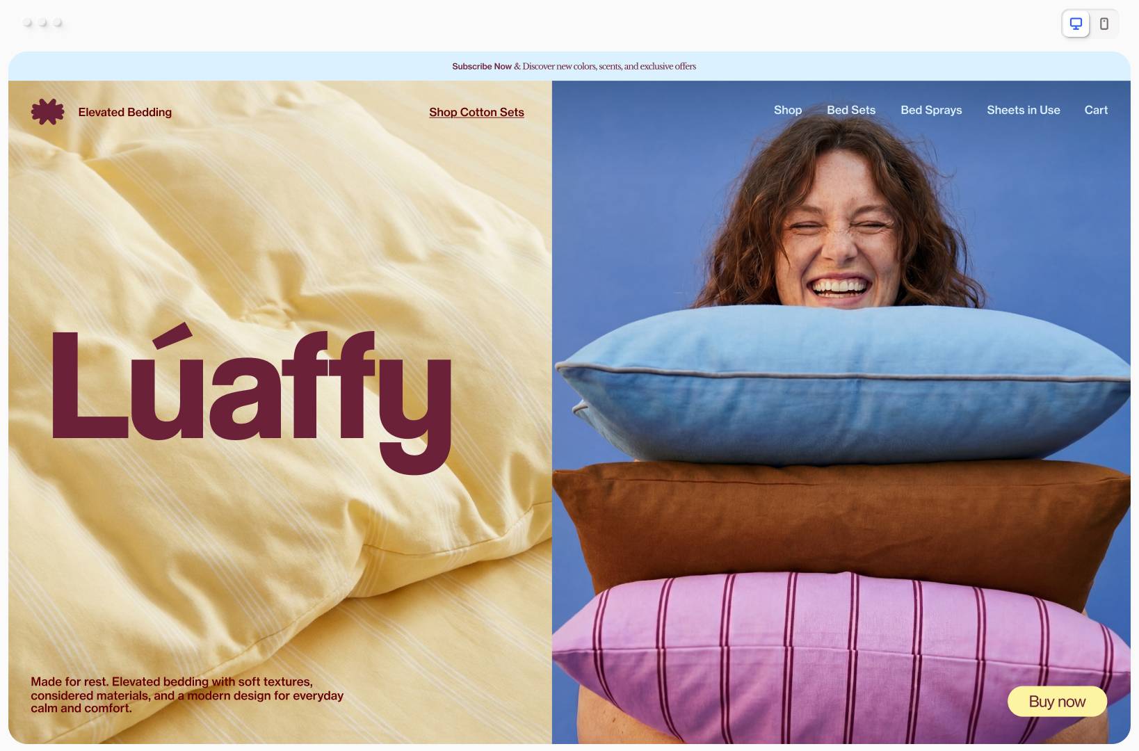 A homepage for a bedding website.