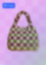 A product shot of a crochet handbag in a checkered pattern with brown, cream, green, and pink colors. 