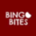 A playful logo template featuring the text “Bingo Bites” in white, hand-drawn letters on a dark red background, with the letter "O" shaped like a bitten cookie.