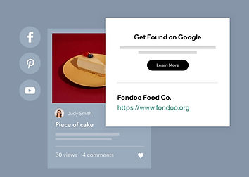 There are two SEO panes. One features an image of a slice of cheesecake. The other has a header: get found on Google.